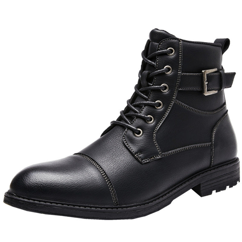 2024 New British Style Men's Fall Winter Work Boots Anti-slip Retro Laced High-top Round Toe Leather Boots with Side Zipper HK65