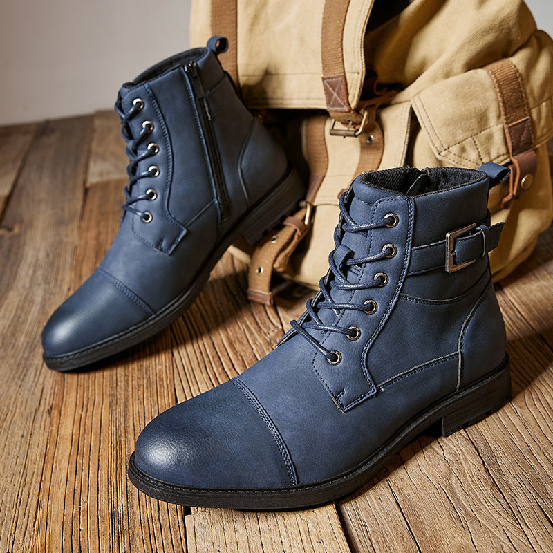 2024 New British Style Men's Fall Winter Work Boots Anti-slip Retro Laced High-top Round Toe Leather Boots with Side Zipper HK65