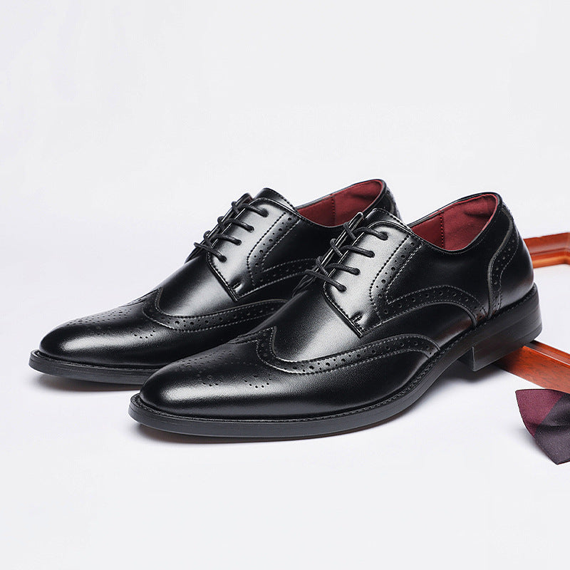 New British Style Height-increasing Laced Brogue Carved Leather Shoes Men's Business Formal Derby Pointed-toe Casual Shoes HK86
