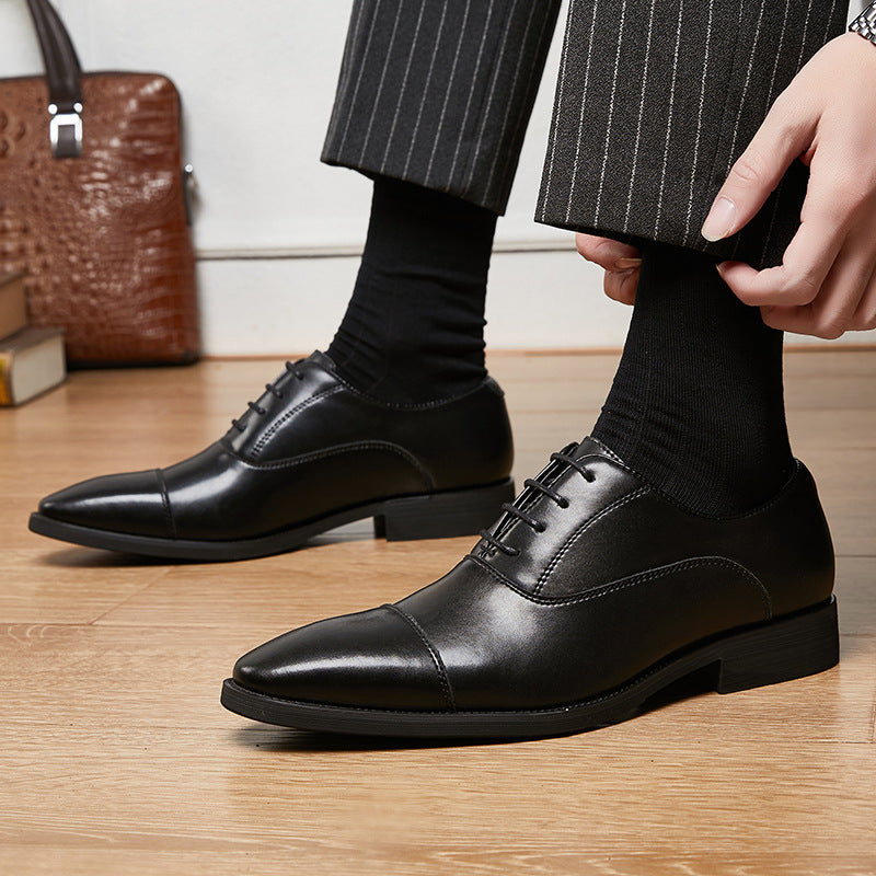 Men's 2024 New Japanese Three-piece Toe Height-increasing Business Shoes Formal Soft Soles Oxford Laced Pointed Toe HK89
