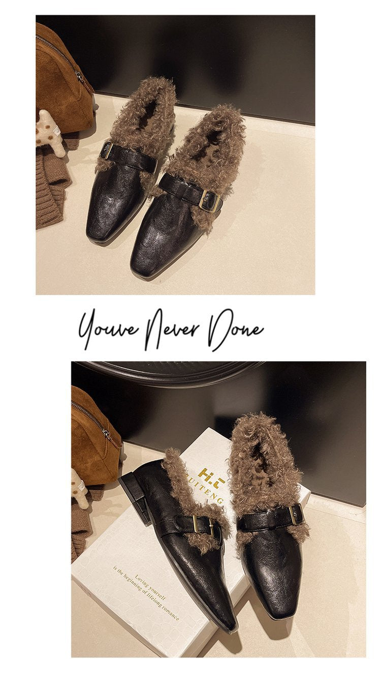Fleece-lined Warm Square Toe Soft Leather Comfortable Soft Soles Fur Single Shoes Women's 2024 Winter New Versatile HK32
