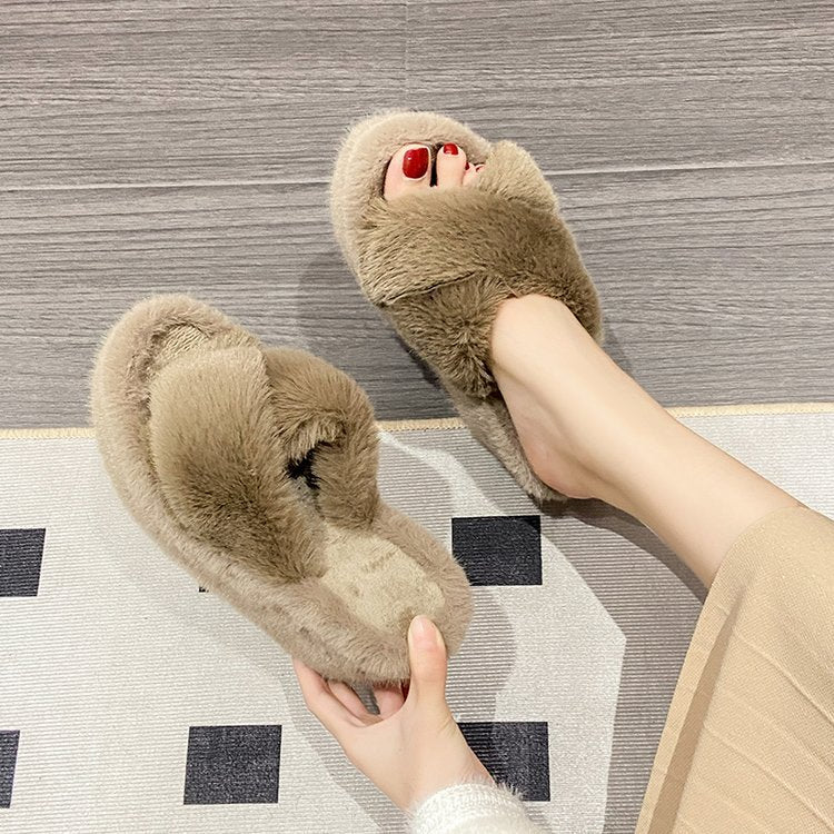 High Heel Wedge Heel Fleece Slippers for Women Outdoor Fur Slippers 2024 New Chanel Style Fluffy Thick Soles Winter Height-increasing  HK30