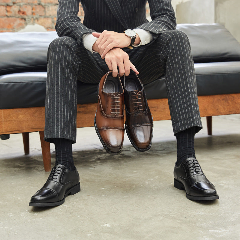 New Three-piece Toe Leather Shoes Men's Genuine Leather Business Formal Oxford Soft Soles Durable British Groom Wedding Shoes Youth  HK117