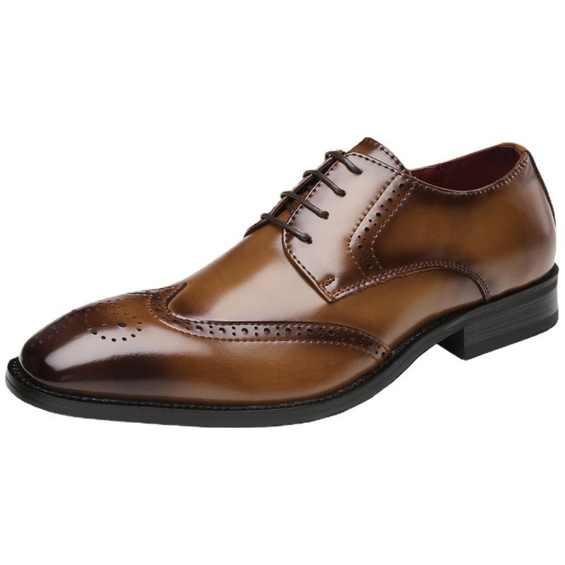 2024 New Carved Brogue British Genuine Leather Business Formal Shoes Men's Laced Derby Pointed Toe Youth HK118