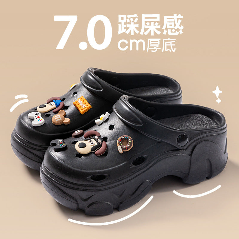 Coal-shaped Crocs for Women 2024 Summer New Cute Platform Thick Soles Soft-feel Height-increasing Anti-slip Toe-covered Slippers HK19