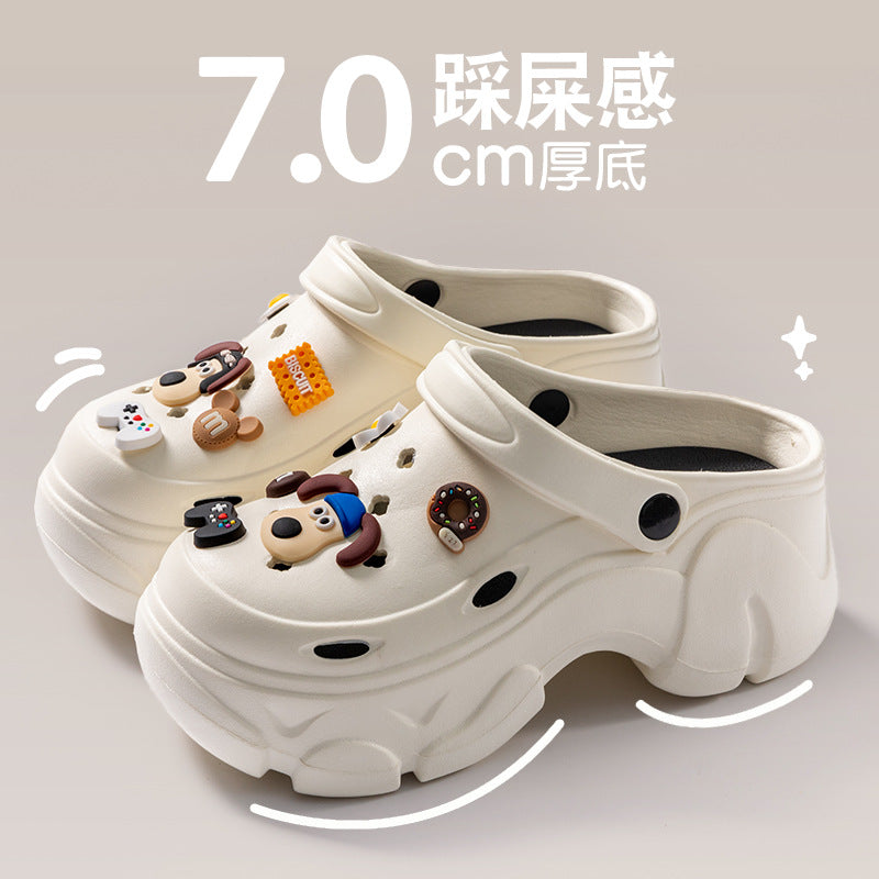 Coal-shaped Crocs for Women 2024 Summer New Cute Platform Thick Soles Soft-feel Height-increasing Anti-slip Toe-covered Slippers HK19