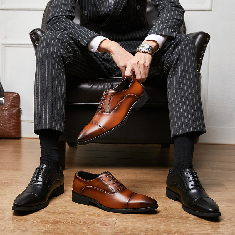 Men's 2024 New Japanese Three-piece Toe Height-increasing Business Shoes Formal Soft Soles Oxford Laced Pointed Toe HK89