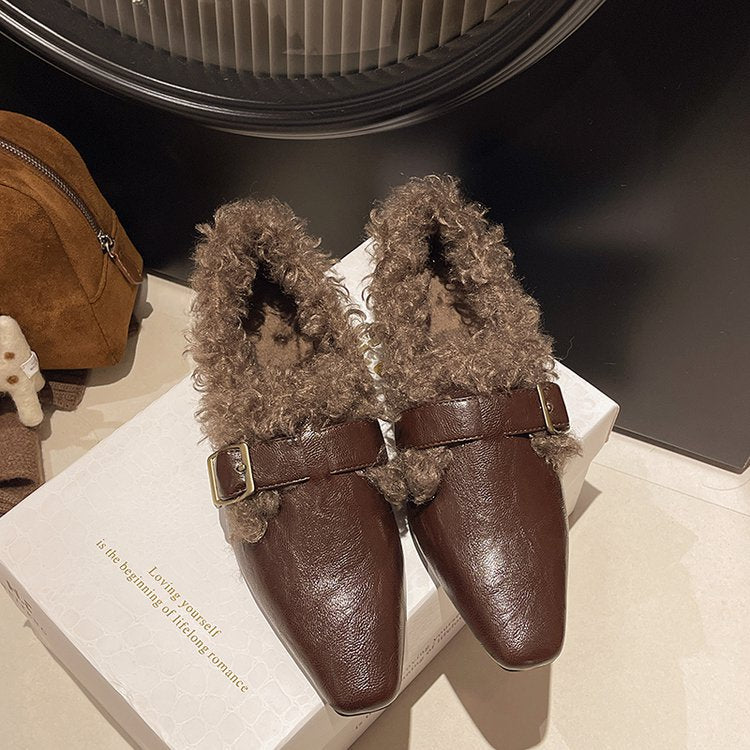 Fleece-lined Warm Square Toe Soft Leather Comfortable Soft Soles Fur Single Shoes Women's 2024 Winter New Versatile HK32