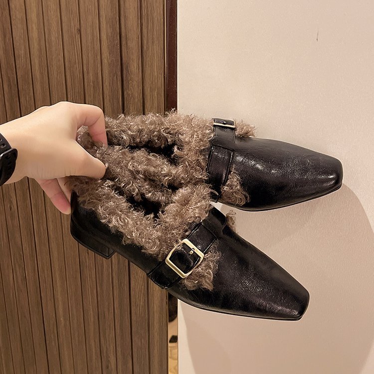 Fleece-lined Warm Square Toe Soft Leather Comfortable Soft Soles Fur Single Shoes Women's 2024 Winter New Versatile HK32