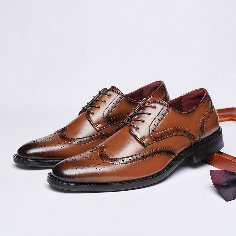 New British Style Height-increasing Laced Brogue Carved Leather Shoes Men's Business Formal Derby Pointed-toe Casual Shoes HK43