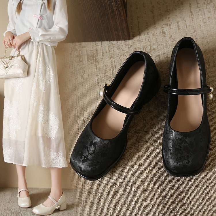 High Heel Single Shoes for Women Medium Chunky Heel Match Cheongsam and Horse-face Skirt Sandals 2024 Summer New Chinese Style Shoes HK31