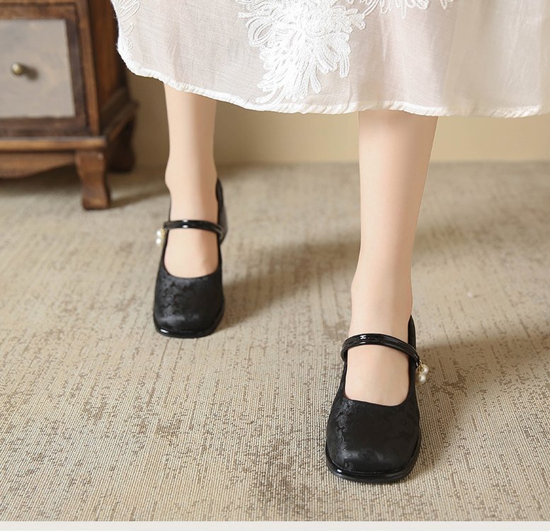 High Heel Single Shoes for Women Medium Chunky Heel Match Cheongsam and Horse-face Skirt Sandals 2024 Summer New Chinese Style Shoes HK31