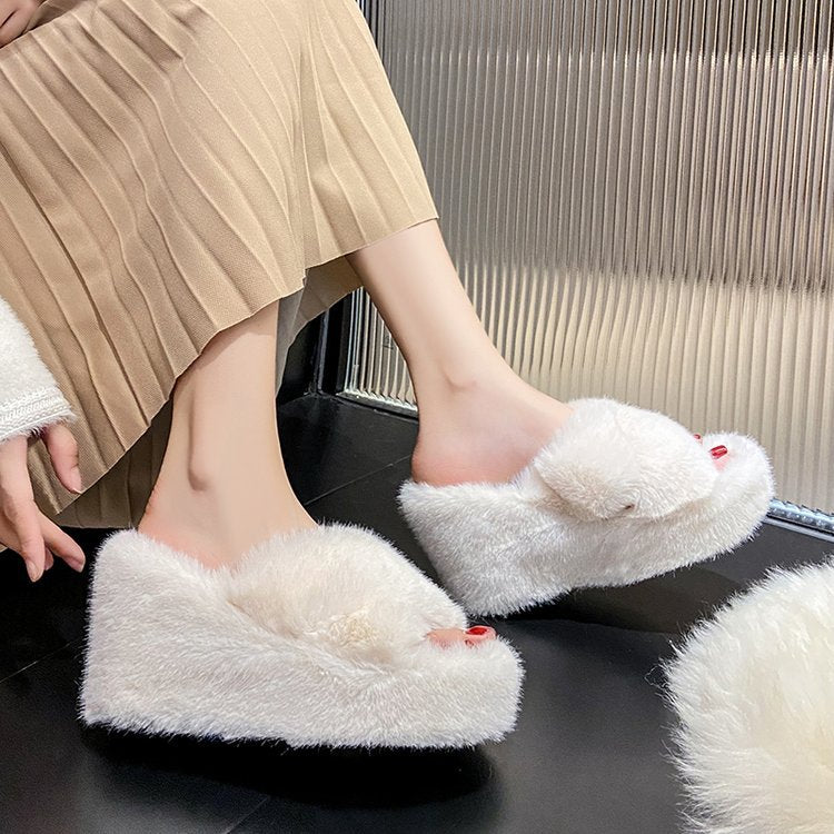 High Heel Wedge Heel Fleece Slippers for Women Outdoor Fur Slippers 2024 New Chanel Style Fluffy Thick Soles Winter Height-increasing  HK30