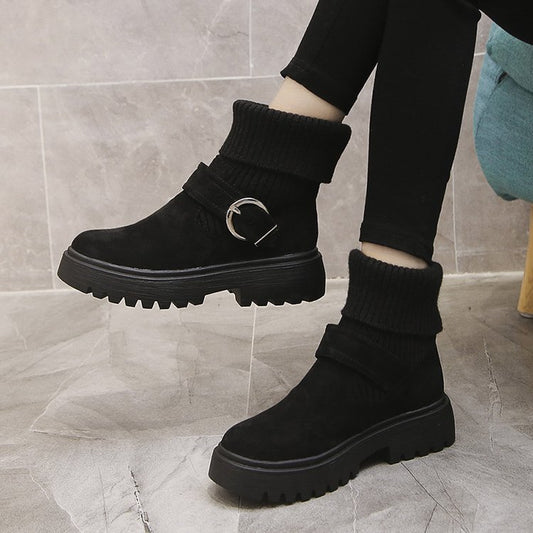 Fall - Winter Korean - style Chunky - heeled, Thick - soled Knitted Short - shaft Martin Boots for Women: Trendy, Warm and Fleece HK145