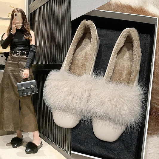 Fall Winter Women's Shoes Versatile Fur Shoes 2024 New Fleece-lined Flat Single Shoes Slip-on Moccasin Shoes HK33