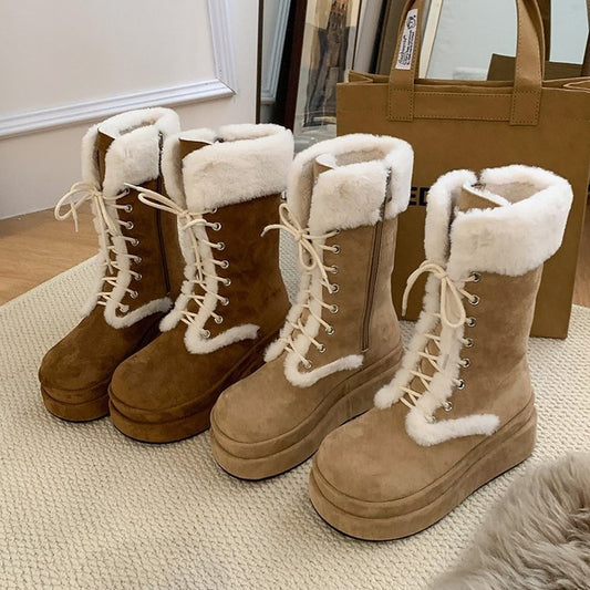 Mid-calf Thick Soles Snow Boots for Women 2024 New Internet-famous Stylish Martin Strap Fur Boots Fleece-lined Thick Cotton Shoes HK41