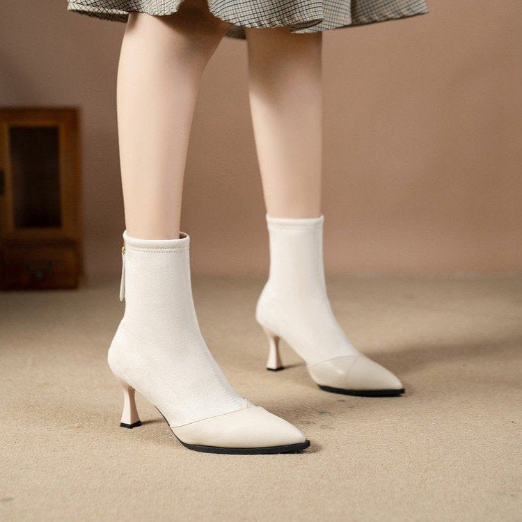 Pointed Toe Stylish Women's 2024 Fall Winter High Heel Slim Boots with Rear Zipper Elastic Good - looking for Various Sizes Elegant  HK39